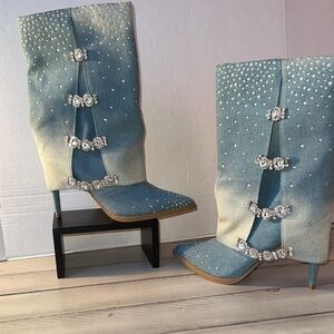 Thalia Sodi Denim Blue Embellished Heeled Boots